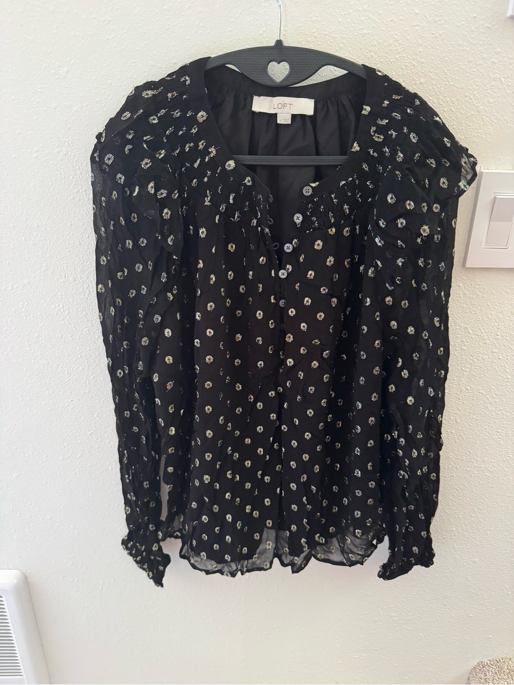 LOFT Black Sheer Button-Front Blouse with White Dot Print